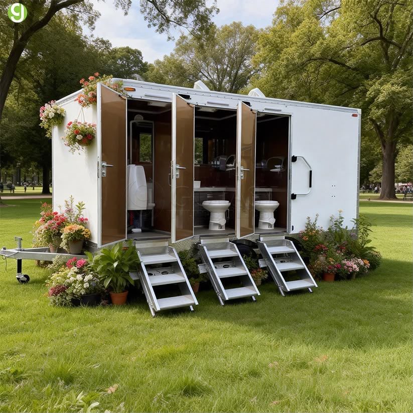 Luxury restroom trailer with steps, set up on grass